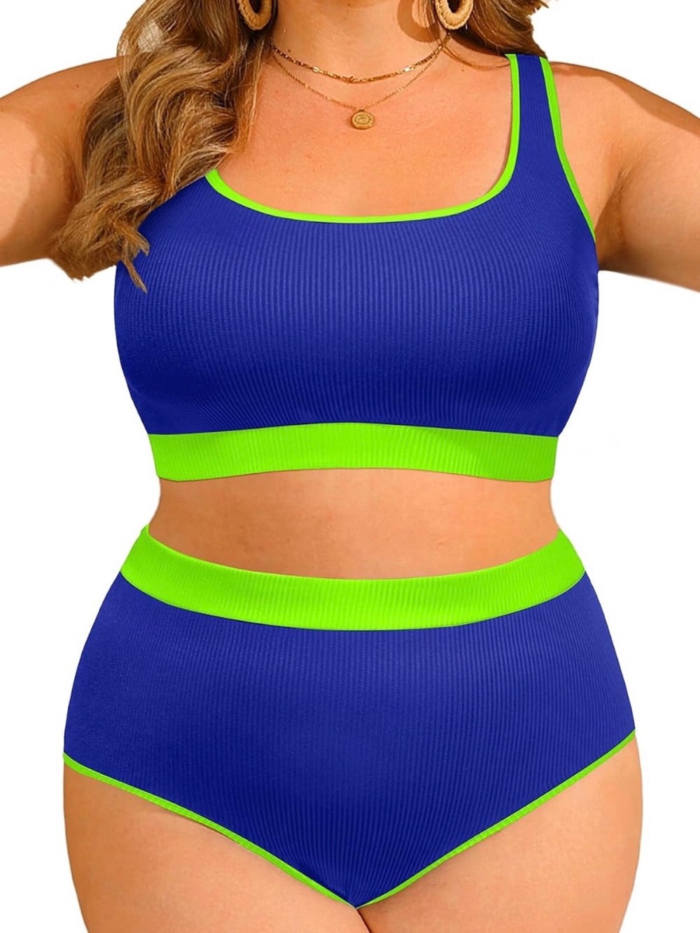 Tempt Me Cobalt Blue Ribbed Sports Bralette with Neon Lime Trim